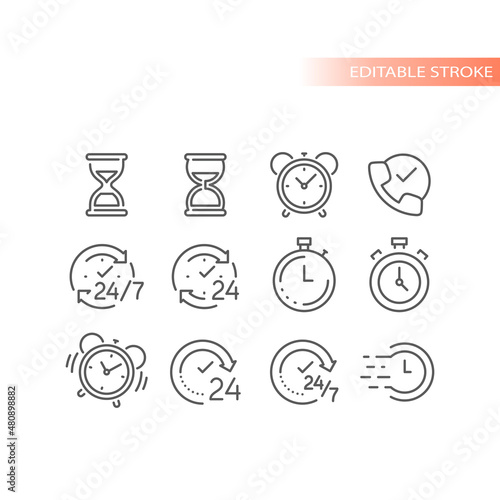 Clock outlined vector icon set. Stopwatch, alarm clock, hourglass and twenty four seven time icons.