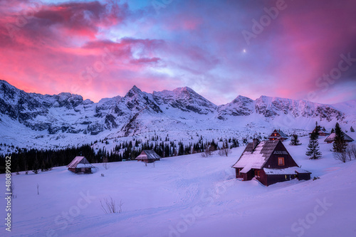 Beautiful sunset in Tatra mountains during winter