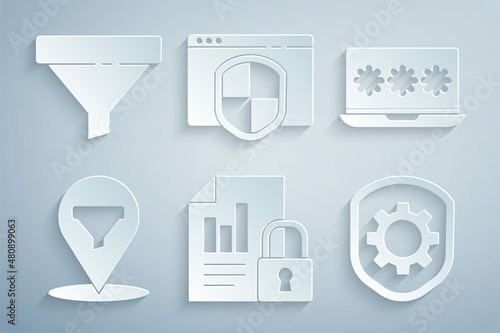 Set Document and lock, Laptop with password, Location sales funnel, Shield settings gear, Browser shield and Sales icon. Vector