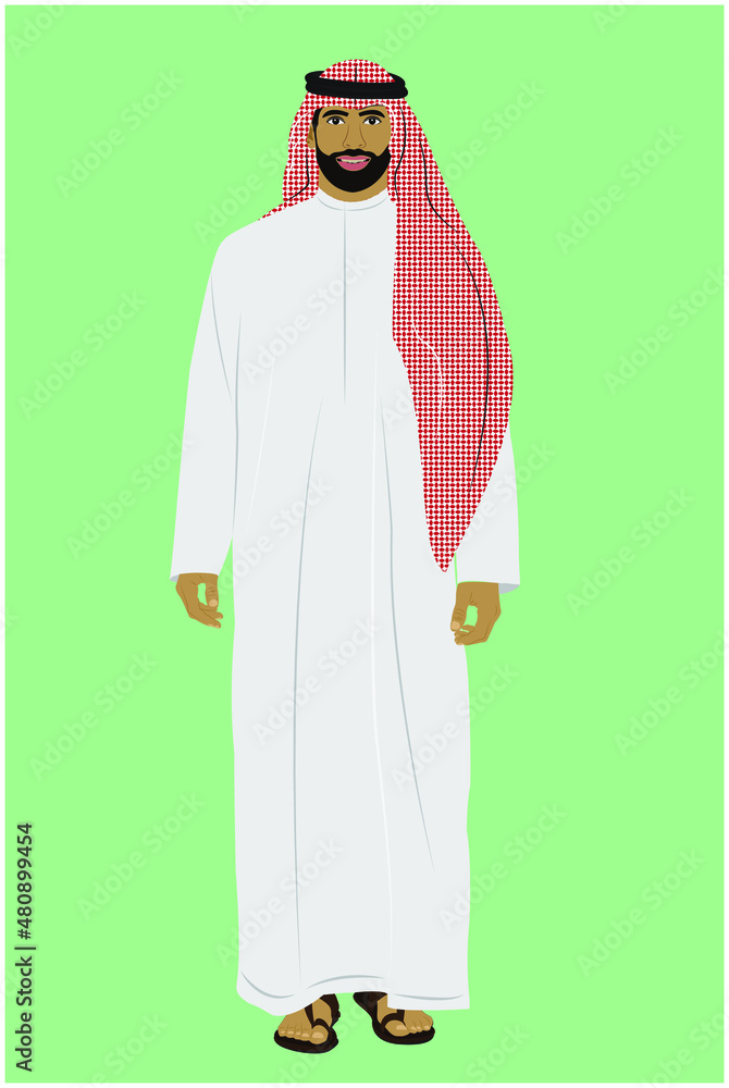 Saudi Arabian man standing in traditional wardrobe, vector illustration