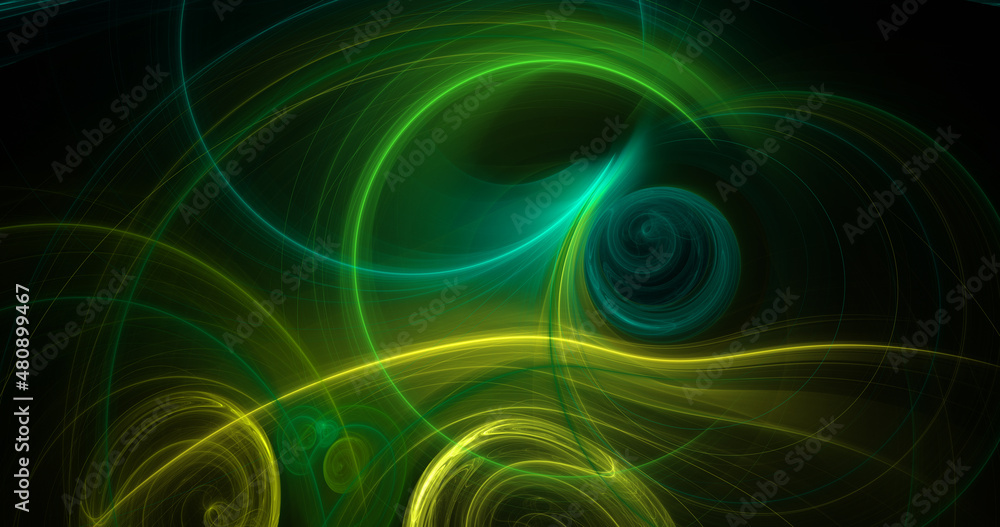 Abstract colorful green and yellow fiery shapes. Fantasy light background. Digital fractal art. 3d rendering.