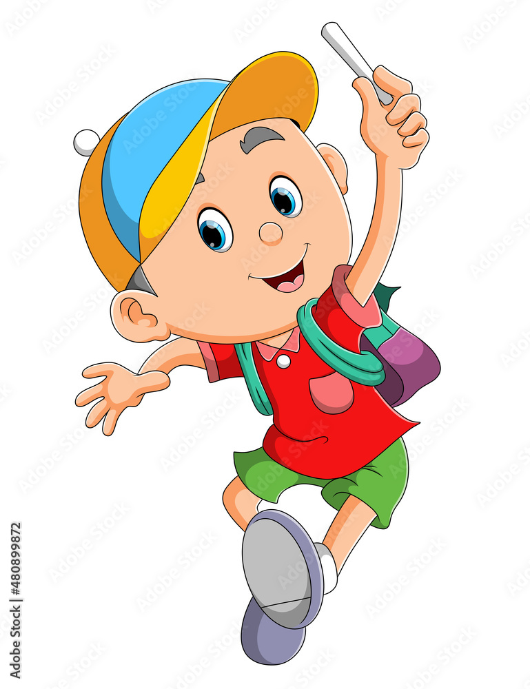 The little boy is running and holding the white chalk The little boy is running and holding the white chalk