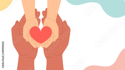 The hands of an adult and a child hold a heart. The concept of hope and love, volunteering. Vector stock illustration in flat style.