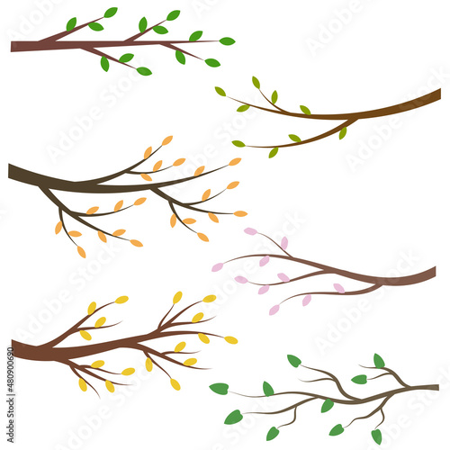 Set of tree branches with green, yellow and orange leaves for design element
