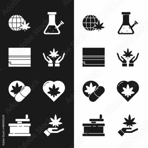 Set Marijuana or cannabis leaf, Rolling paper, Legalize marijuana globe, Glass bong for smoking, Herbal ecstasy tablets, heart, and Manual grinder icon. Vector