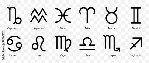 Zodiac signs black icons set vector. Isolated horoscope zodiac symbols : Capricorn, Aquarius, Pisces, Aries, Taurus, Gemini, Cancer, Leo, Virgo, Libra, Scorpio. Zodiac astrology vector illustration.