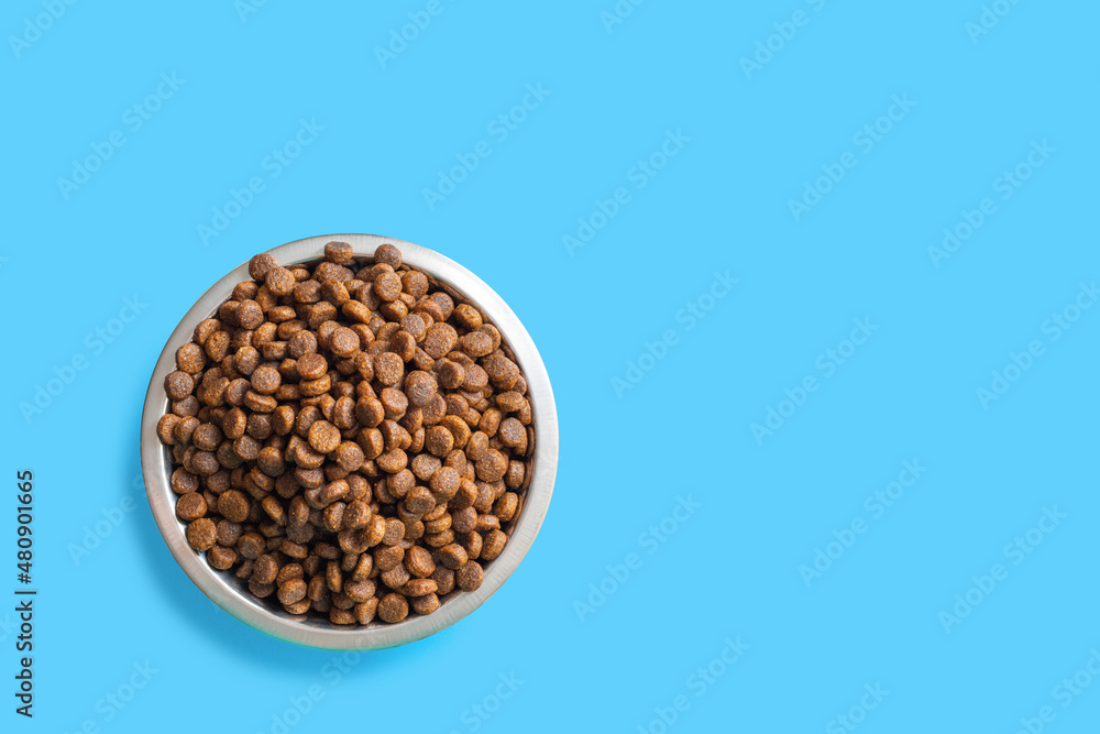 Round metal bowl full of crunchy dry food for dogs or cats on blue background, top view, copy space. Pet care concept