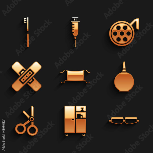 Set Medical protective mask, Medicine cabinet, Safety goggle glasses, Enema, scissors, Crossed bandage plaster, Surgery lamp and Toothbrush icon. Vector