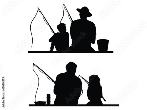 Set of fishing father with childs. Collection of parent with son and daughter on fishing. Fathers day. Vector illustration on white background. 