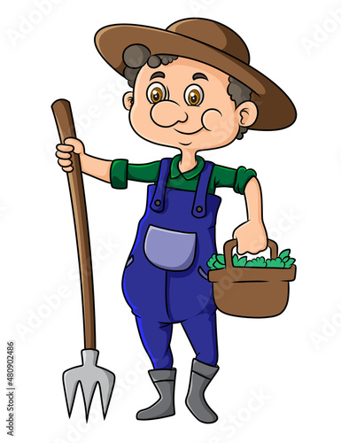 The old farmer is holding the pitchfork and the basket of vegetables