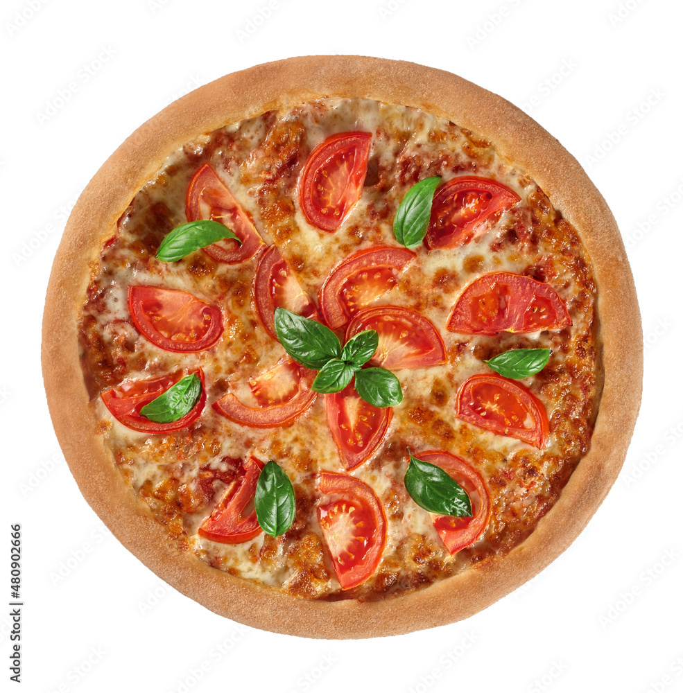Top view of pizza Margherita with tomatoes, mozzarella cheese and fresh basil isolated on white Top view of pizza Margherita with tomatoes, mozzarella cheese and fresh basil isolated on white