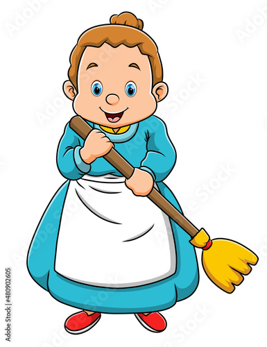 The happy woman is using the apron and sweeping with broom