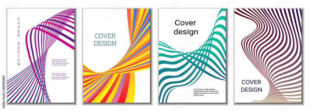 A set of 4 abstract covers. Wavy parallel gradient lines, ribbons evolve. Cover design, background. Trendy banner, poster. A set of 4 abstract covers. Wavy parallel gradient lines, ribbons evolve. Cover design, background. Trendy banner, poster.