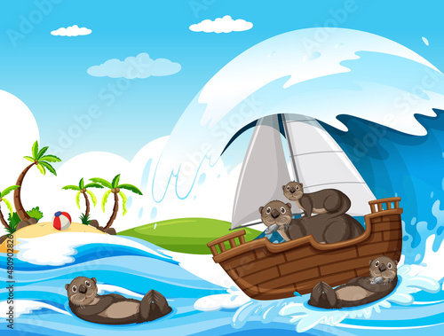 Ocean scene with otters on a sailboat