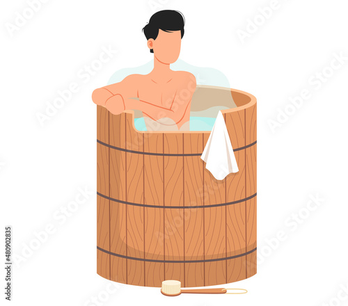 Young man sitting in tub washing his body in sauna. Bathhouse or banya at home isolated. Guy in barrel is resting in sauna. Male character in hot steam. Wellness spa procedures in wooden water barrel