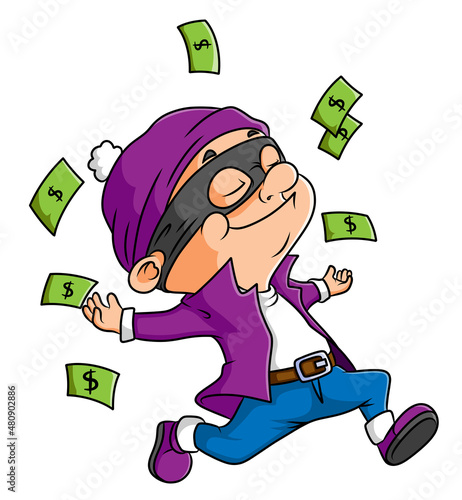 The criminal boy is running under the flying money