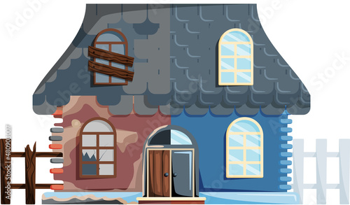 Home renovation, house before and after repair. New and old suburban cottage. Remodel construction. Old run-down house remodeled into cute traditional suburban cottage. Building maintenance service