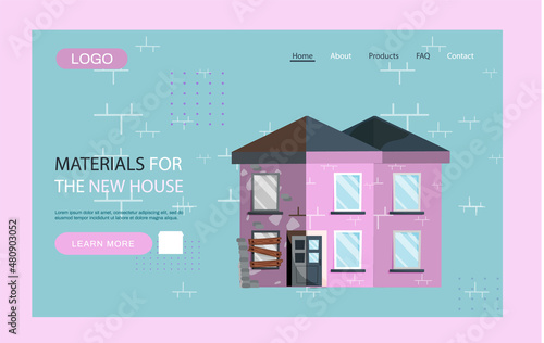 Materials for new house landing page template. Construction and building industry accessories, equipment web site. Goods for interior and facade repairs. Building maintenance and development service