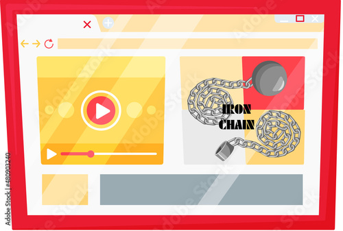 Modern internet and social networks addiction metaphor. Iron chain on smartphone screen, dominance of gadgets. Flat vector concept social media and internet nomophobia and digital detox illustration
