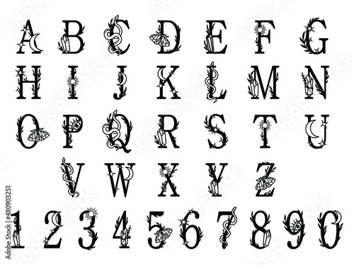 Set of mystical alphabet. Collection of witchcraft font with snake, magic crystal. Vector illustration on square elements.