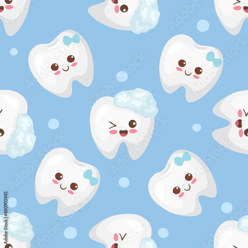 Fototapeta Naklejka Na Ścianę i Meble -  Kawaii smiling happy teeth with bubbles characters. First tooth concept. Adorable vector illustration. Light blue background for poster, fabric print, wrapping paper, boy party. Seamless pattern.