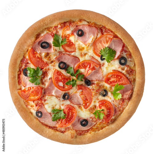 Top view of pizza with ham, tomatoes, black olives, greens and mozzarella isolated on white