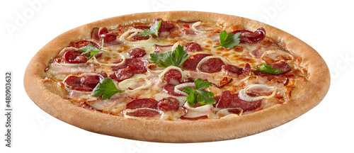 Closeup of pizza with bacon, salami, hunting sausages, onions, mozzarella and parsley isolated on white