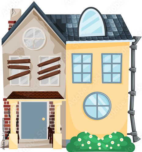 Home renovation, house before and after repair. New and old suburban cottage. Remodel construction. Old run-down house remodeled into cute traditional suburban cottage. Building maintenance service