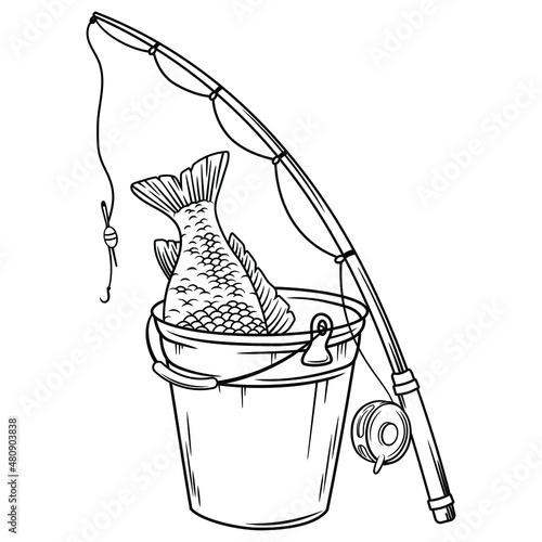Illustration of a fish in a bucket with a fishing rod. Fishing. Fish tail. Summer hobby on the water.