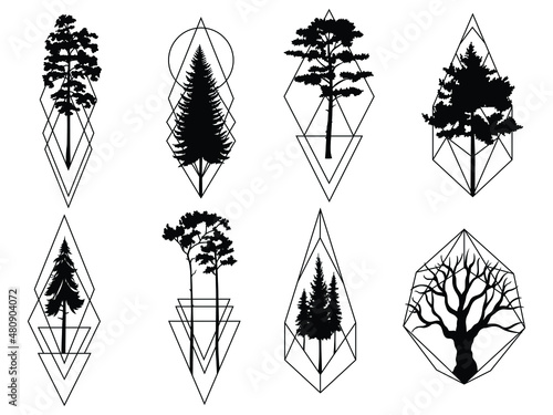 Set of silhouette tree. Collection of geometric silhouette of pine and fir tree. Wild nature. Camping logo. Woodland. Set of forest frame. Vector illustration of  woods on a white background.