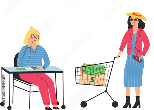 Cartoon characters of sad poor and happy rich women. Class and monetary inequality in human society. Richness and poverty concept. Lady with bag of money and unhappy unemployed woman counting coins