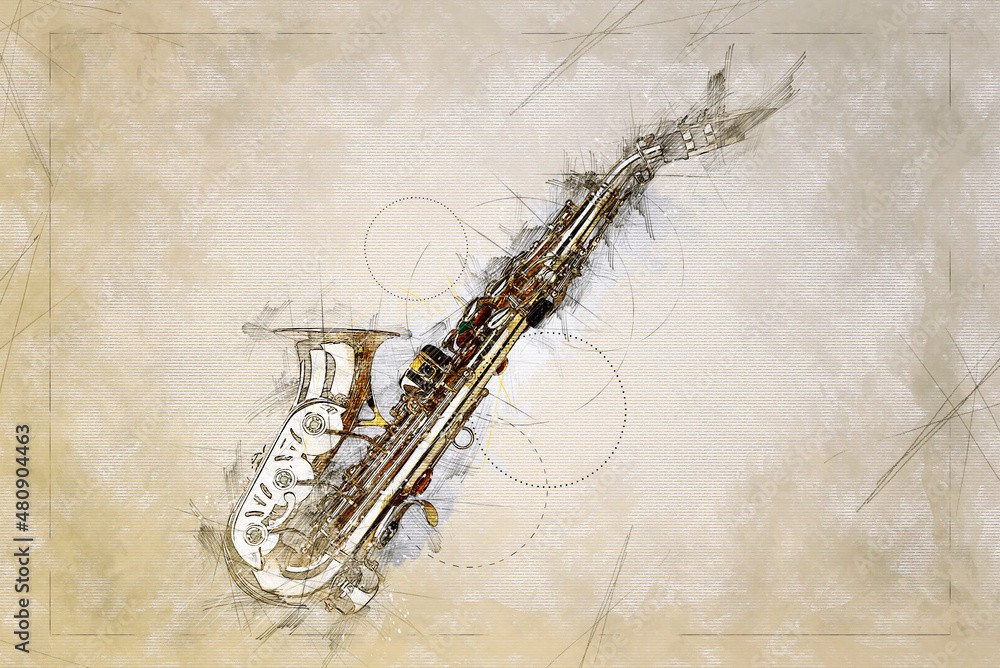 Illustration Sketch from Golden colored saxophone - obrazy, fototapety, plakaty 
