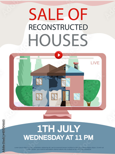 Creative mobile real estate sale web concept. Sale of reconstructed houses advertising announcement banner. Home renovation, building maintenance service, sale of used homes on secondary market