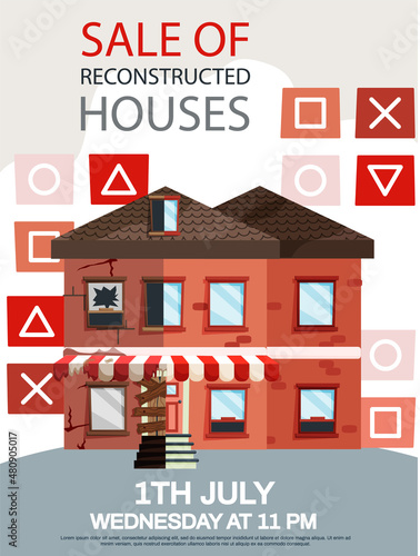 Creative mobile real estate sale web concept. Sale of reconstructed houses advertising announcement banner. Home renovation, building maintenance service, sale of used homes on secondary market