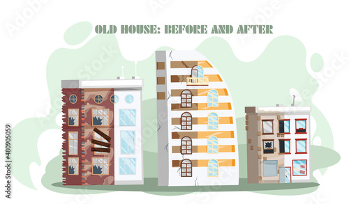 Home renovation, old house before and after repair. New and old city building. Remodel construction. Old run-down house remodeled into cute traditional apartment house. Building maintenance service