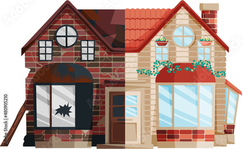 Home renovation, house before and after repair. New and old suburban cottage. Remodel construction. Old run-down house remodeled into cute traditional suburban cottage. Building maintenance service