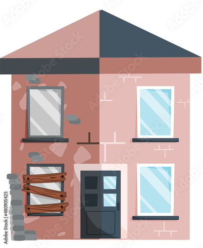Home renovation, house before and after repair. New and old suburban cottage. Remodel construction. Old run-down house remodeled into cute traditional suburban cottage. Building maintenance service