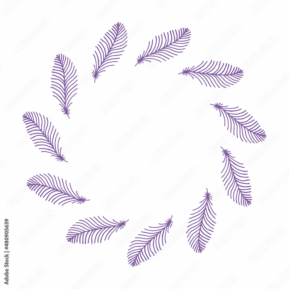 Round frame with violet feathers on white background. Vector image.