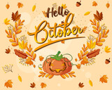 Hello October logo with ornamental autumn leaf