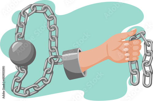 Hands tied with iron chain, handcuffed hands, symbol of slavery, bondage, restriction of freedom. Dependency concept, inactive person. Addiction of character on something, confines on action