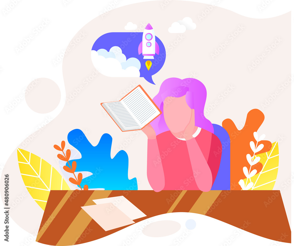 Young woman reading book, studying at home, book lovers hobby. Student resting with book, female character is fond of literature, enjoys reading, gets education