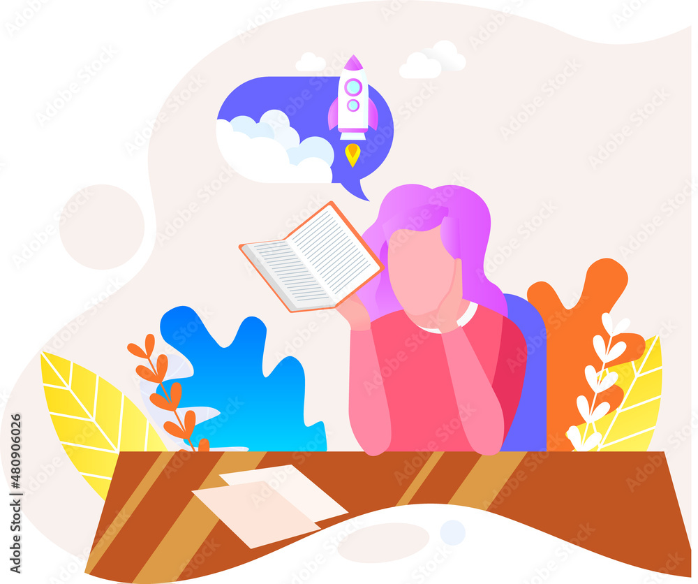 Young woman reading book, studying at home, book lovers hobby. Student resting with book, female character is fond of literature, enjoys reading, gets education Young woman reading book, studying at home, book lovers hobby. Student resting with book, female character is fond of literature, enjoys reading, gets education