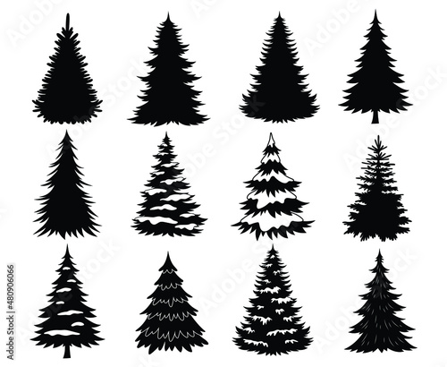 Set of Christmas trees. Collection of stylized holidays trees. Black and white illustration of forest elements. Drawing for kids. Happy New Year.