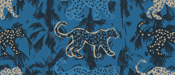 Gardinen Tiermuster Hand drawn artistic dark blue tones pattern with leopards. Abstract collage contemporary seamless pattern. Fashionable template for design.  © MURRIRA