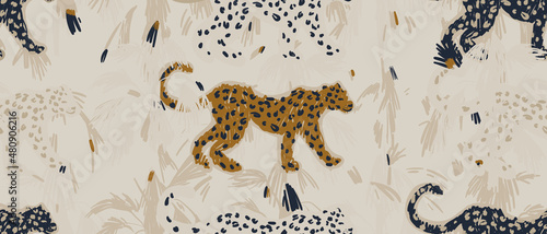 Hand drawn abstract pattern with leopards in vintage style. Artistic collage seamless pattern. Natural colors. Fashionable template for design.
