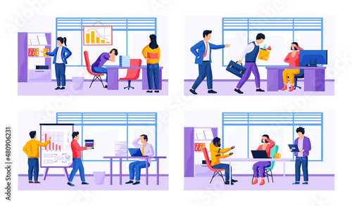 Depressed people in office scene dealing with crisis. Set of illustrations about company cost reduction, business failure. Colleagues scared of bankruptcy, business disruption and decrease in profit