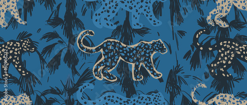 Hand drawn artistic dark blue tones pattern with leopards. Abstract collage contemporary seamless pattern. Fashionable template for design.