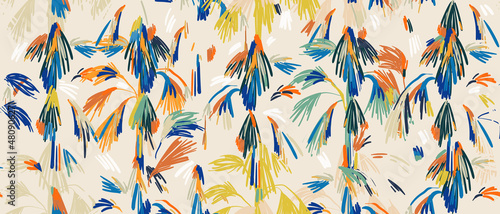 Hand drawn artistic colorful abstract palm trees print. Creative collage vintage style seamless pattern. Fashionable template for design.