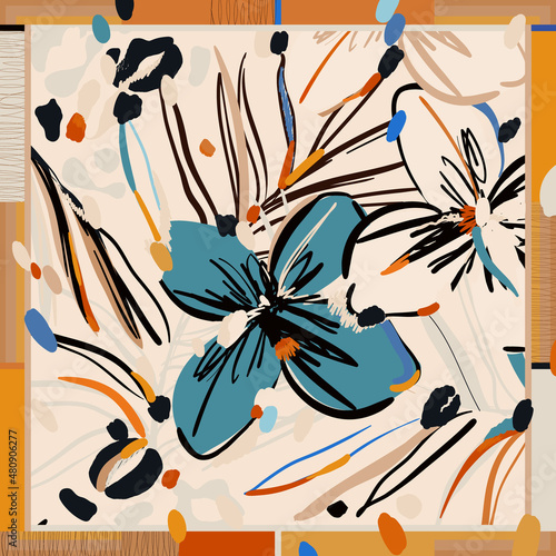 Silk scarf modern design with artistic flowers and leopard skin. Abstract ethnic style. Fashionable vector template for your design.