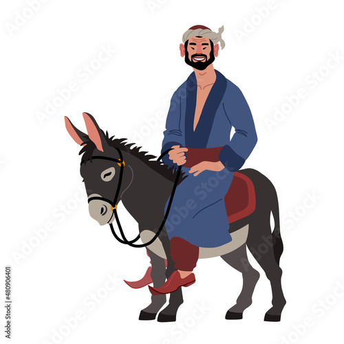 Funny oriental peasant riding a gray donkey. A national hero. Color vector illustration isolated on a white background in a cartoon and flat design.